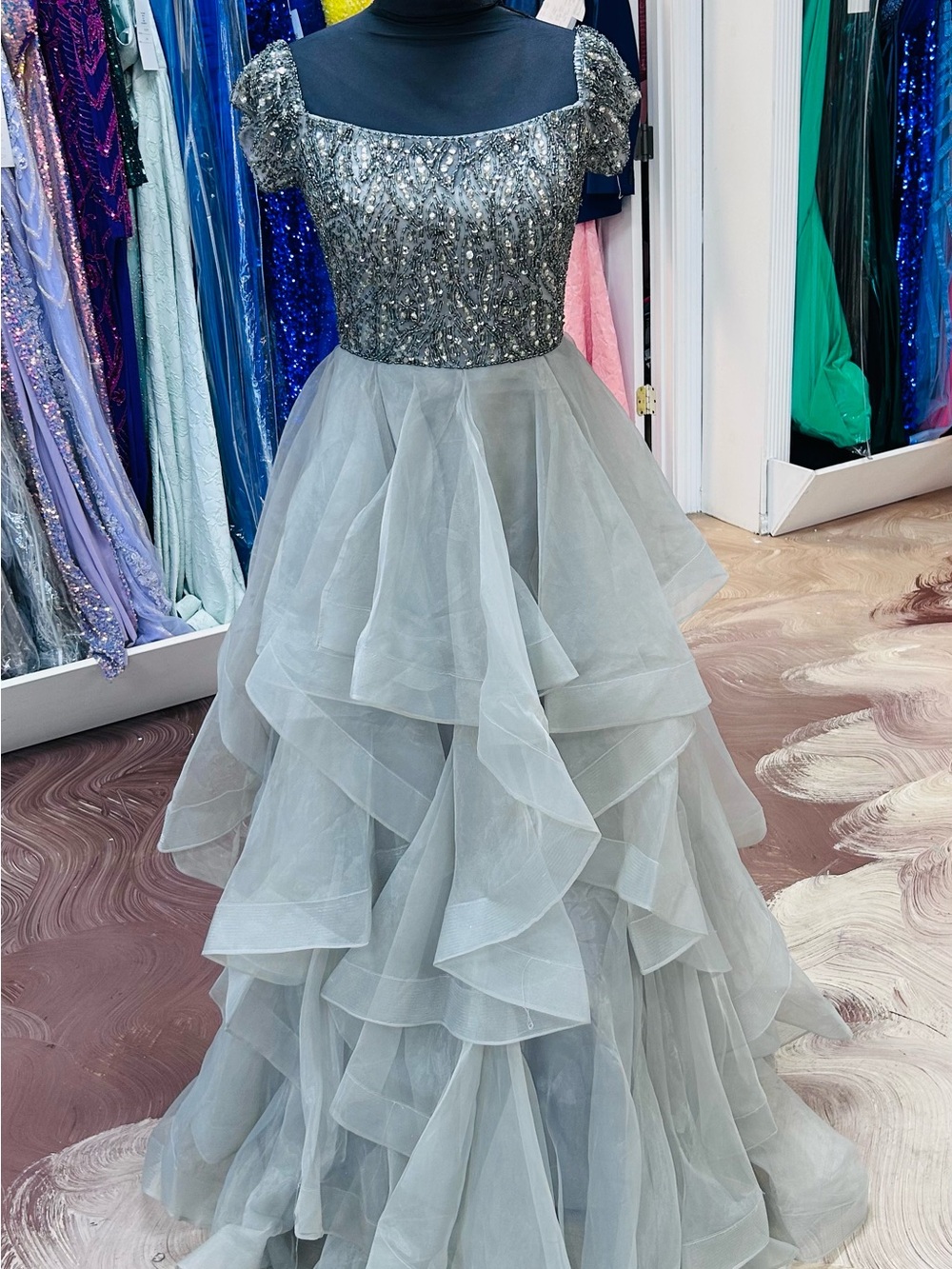 Elegant Silver Sequin Bodice Ruffled Prom Dress